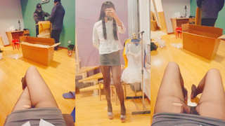 Japanese t-girl wears short skirt and deliberately exposes her skirt in front of repairman