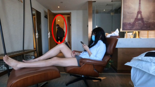 Japanese transexual opens hotel room door and masturbation wildly and busts
