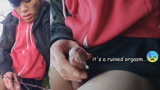 Gay Chinese twink Jon Arteen wanks outdoor winter risky, ruined cumming, giant facial cleans cum thigh