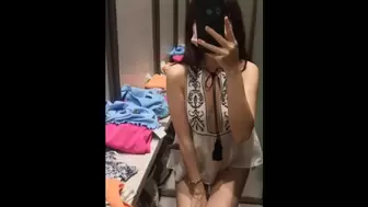 Sleazy Instagram thai model try on haul in changing room and expose her shaved cunt